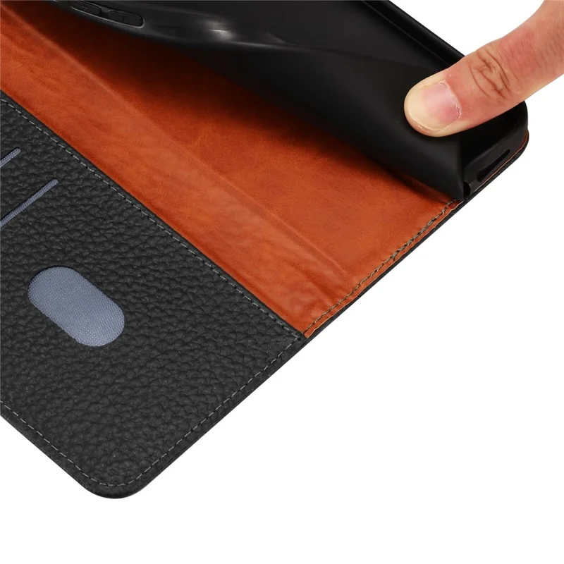 For iPhone 16 Plus Case Wallet Stand Litchi Texture Genuine Cow Leather Flip Phone Cover - Black