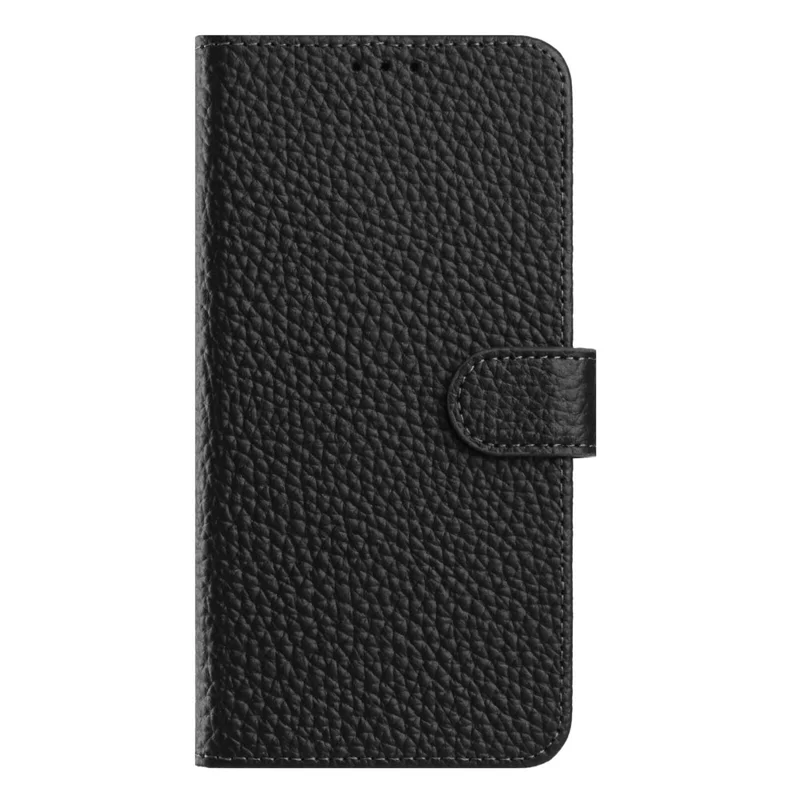 For iPhone 16 Plus Case Wallet Stand Litchi Texture Genuine Cow Leather Flip Phone Cover - Black