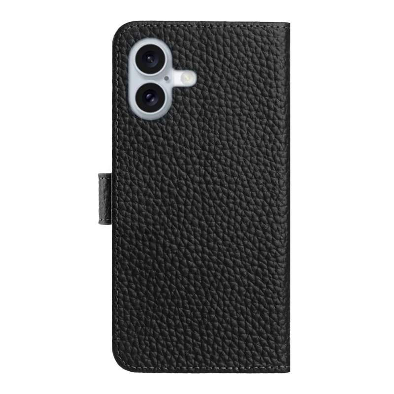 For iPhone 16 Plus Case Wallet Stand Litchi Texture Genuine Cow Leather Flip Phone Cover - Black