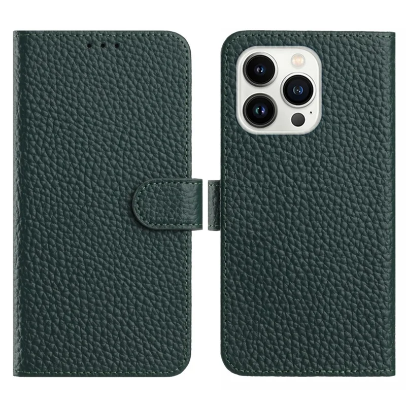 For iPhone 16 Pro Max Case Wallet Stand Litchi Texture Genuine Cow Leather Flip Phone Cover - Green