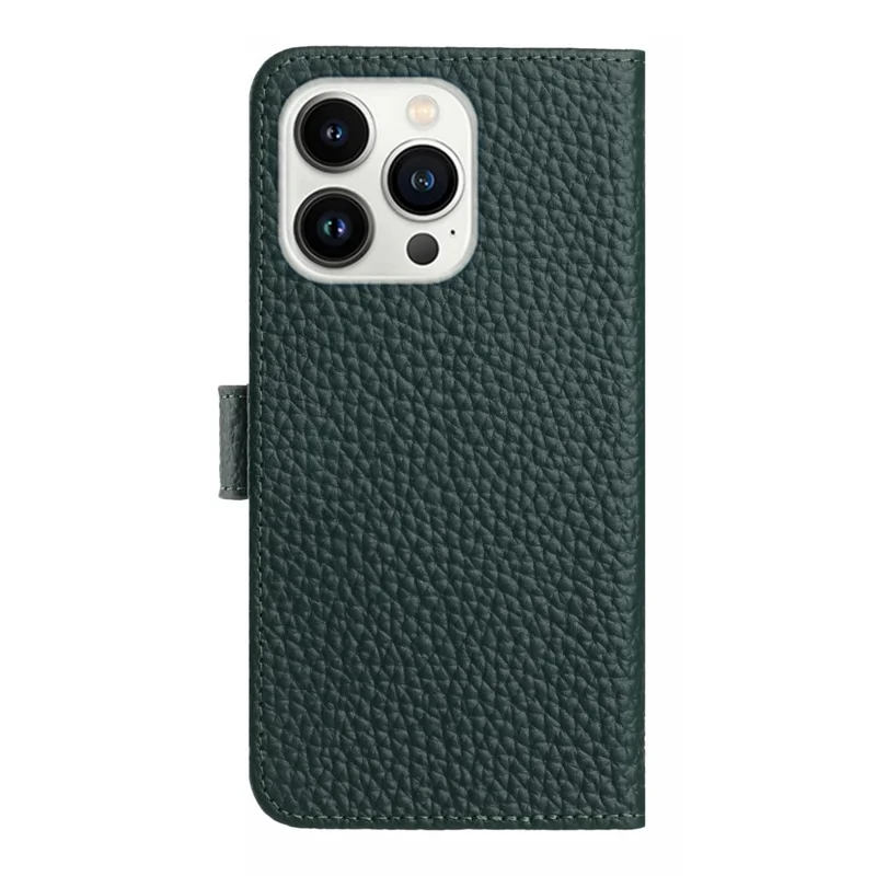 For iPhone 16 Pro Max Case Wallet Stand Litchi Texture Genuine Cow Leather Flip Phone Cover - Green
