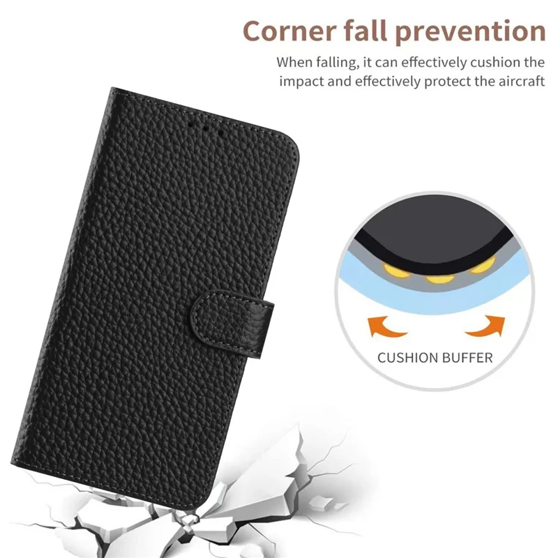 For iPhone 16 Pro Max Case Wallet Stand Litchi Texture Genuine Cow Leather Flip Phone Cover - Black