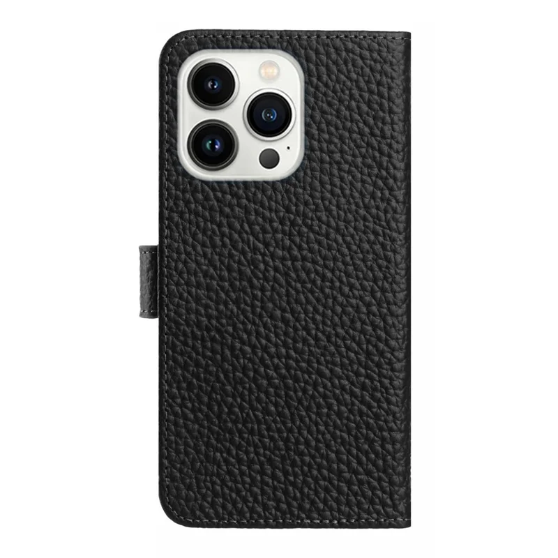 For iPhone 16 Pro Max Case Wallet Stand Litchi Texture Genuine Cow Leather Flip Phone Cover - Black