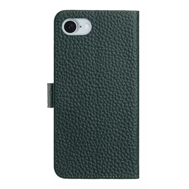 For iPhone 16e Case Wallet Stand Litchi Texture Genuine Cow Leather Flip Phone Cover - Green