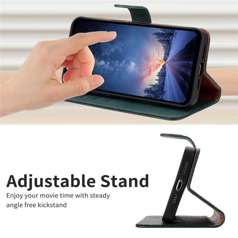 Voor iPhone 17 Pro hoesje portemonnee stand litchi structuur echt koeienleer flip telefoonhoesje - Groen