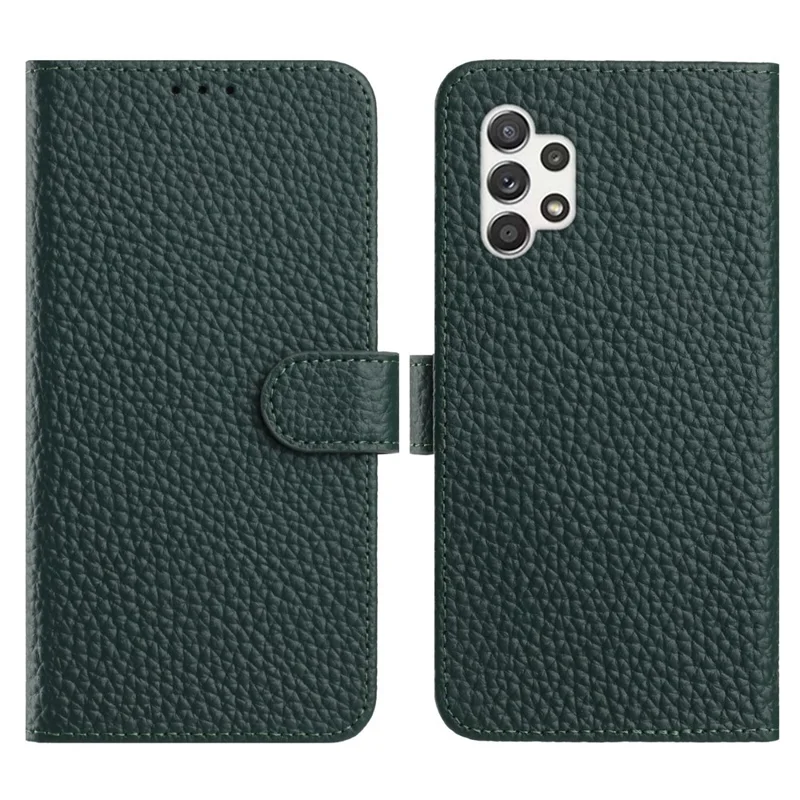Pour Samsung Galaxy A13 4G Étui Portefeuille Support Texture de Litchi Cuir de Vache Véritable Housse de Téléphone Rabattable - Vert