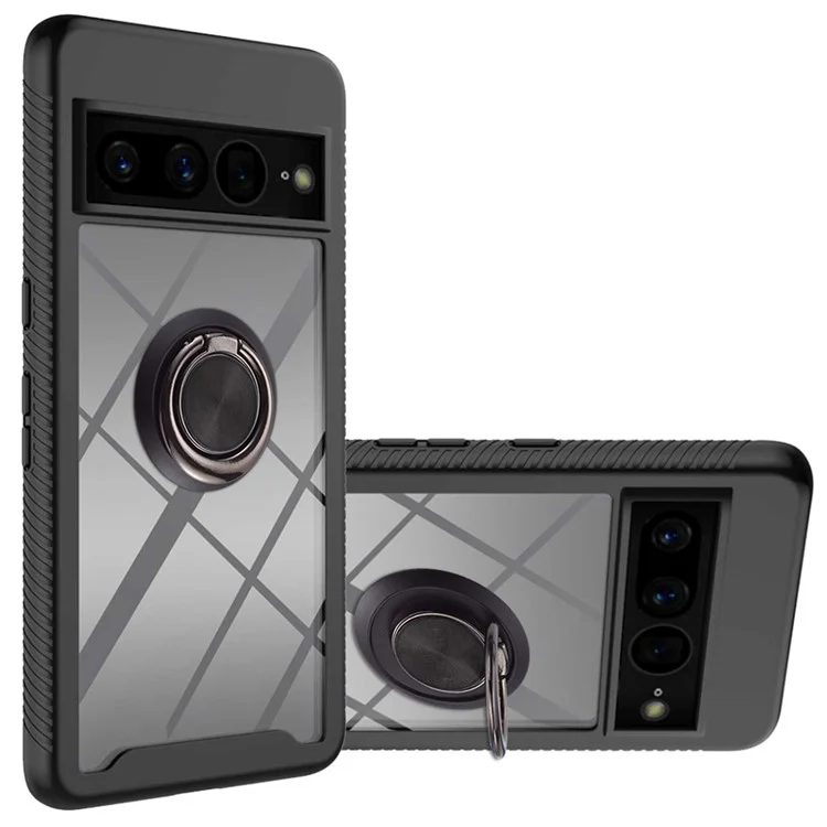 YB PC Series-5 para Google Pixel 7 Pro 5G Soporte de Anillo Kickstand Funda Transparente Dura de PC Suave TPU Desmontable de Doble Capa Funda para Teléfono - Negro