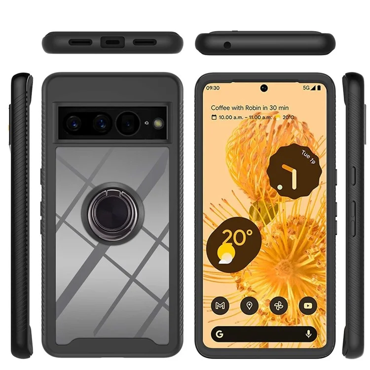 YB PC Series-5 para Google Pixel 7 Pro 5G Soporte de Anillo Kickstand Funda Transparente Dura de PC Suave TPU Desmontable de Doble Capa Funda para Teléfono - Negro
