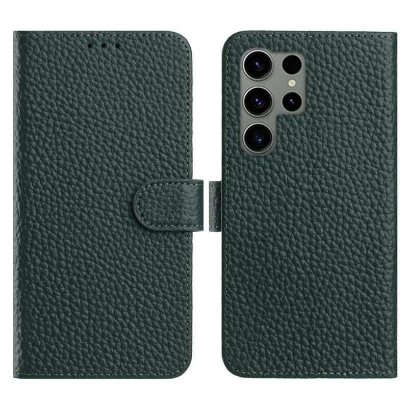 Capa de Couro Genuíno para Samsung Galaxy S23 Ultra - Carteira com Suporte, Textura de Couro de Boi, Flip, na Cor Verde