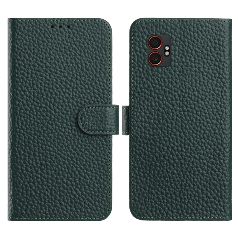 Étui portefeuille pour Samsung Galaxy XCover7 Pro en cuir de vache véritable avec support et texture de litchi - Vert