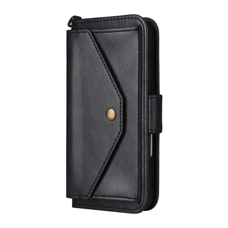 For iPhone 16e Leather Case Magnetic Closure Wallet Stand Phone Cover with Crossbody Strap - Black