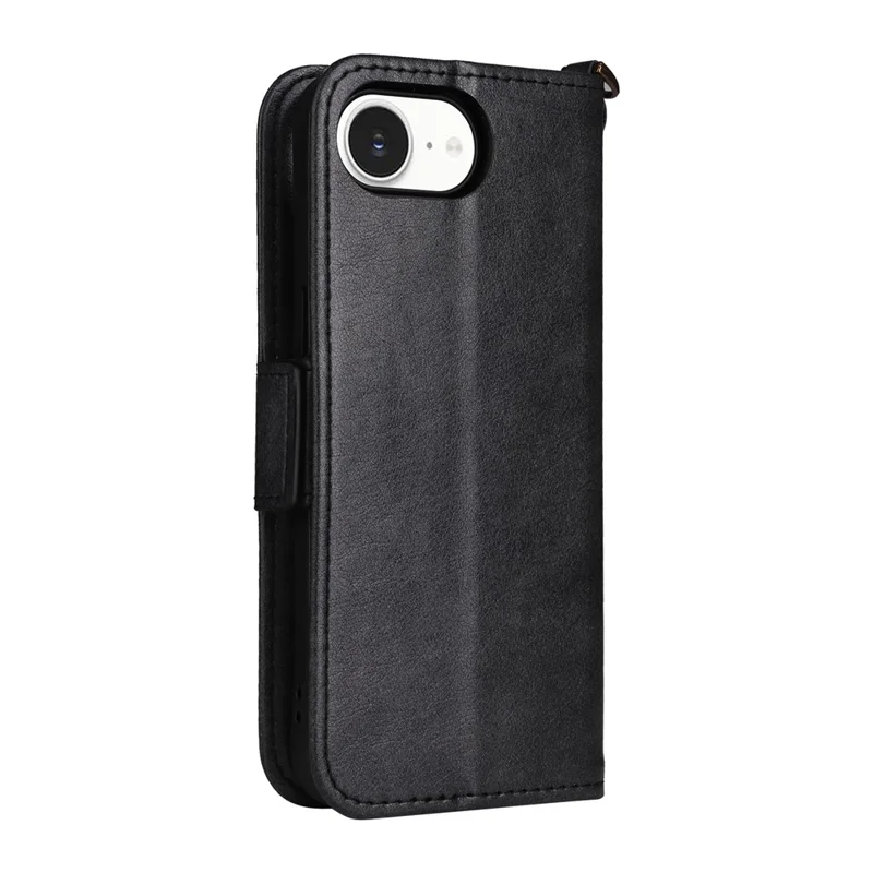 For iPhone 16e Leather Case Magnetic Closure Wallet Stand Phone Cover with Crossbody Strap - Black