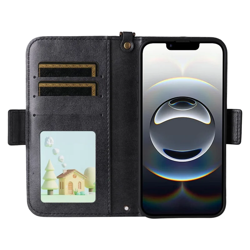 For iPhone 16e Leather Case Magnetic Closure Wallet Stand Phone Cover with Crossbody Strap - Black