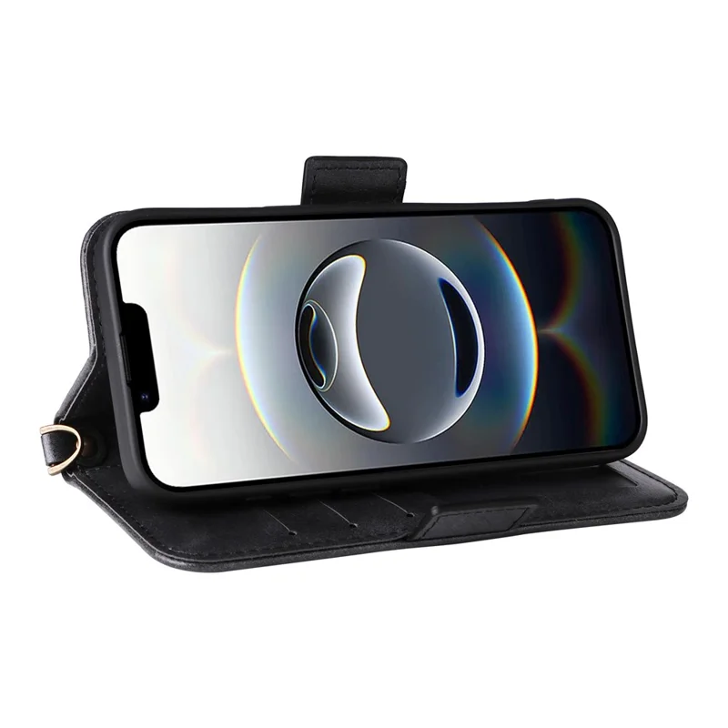 For iPhone 16e Leather Case Magnetic Closure Wallet Stand Phone Cover with Crossbody Strap - Black