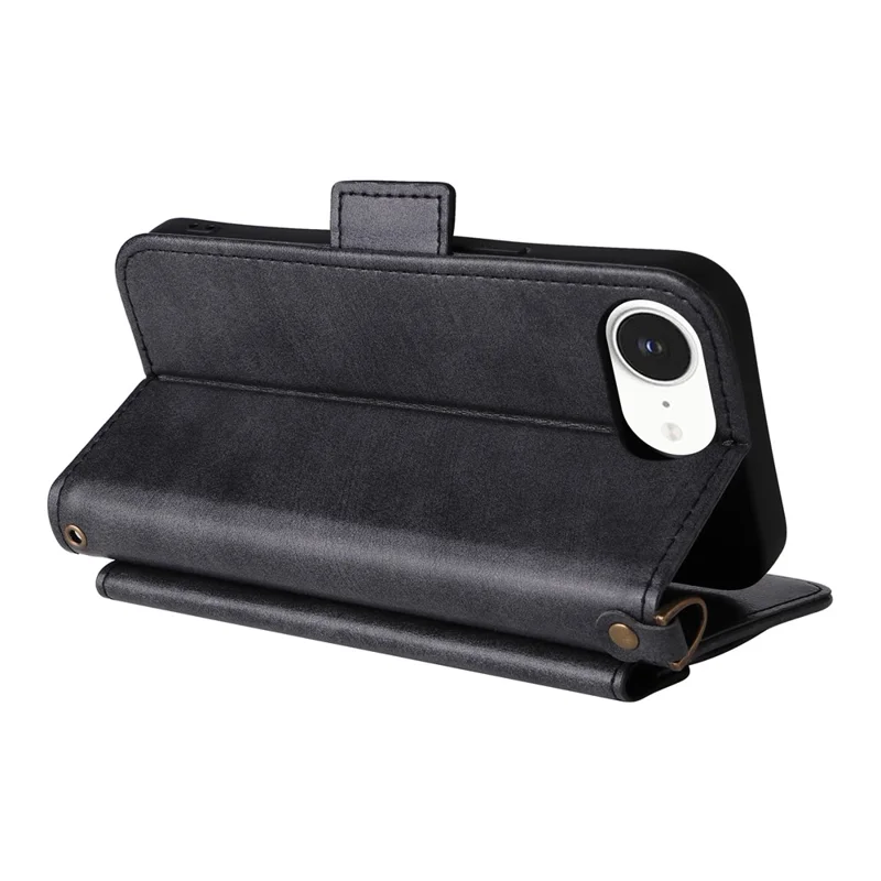 For iPhone 16e Leather Case Magnetic Closure Wallet Stand Phone Cover with Crossbody Strap - Black