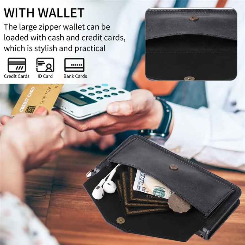 For iPhone 16e Leather Case Magnetic Closure Wallet Stand Phone Cover with Crossbody Strap - Black