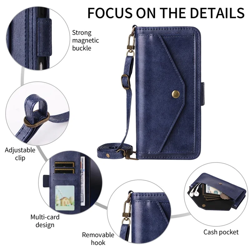 For iPhone 17e / 16e Leather Case Magnetic Closure Wallet Stand Phone Cover with Crossbody Strap - Blue