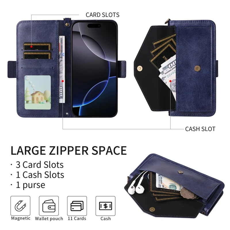 For iPhone 17e / 16e Leather Case Magnetic Closure Wallet Stand Phone Cover with Crossbody Strap - Blue