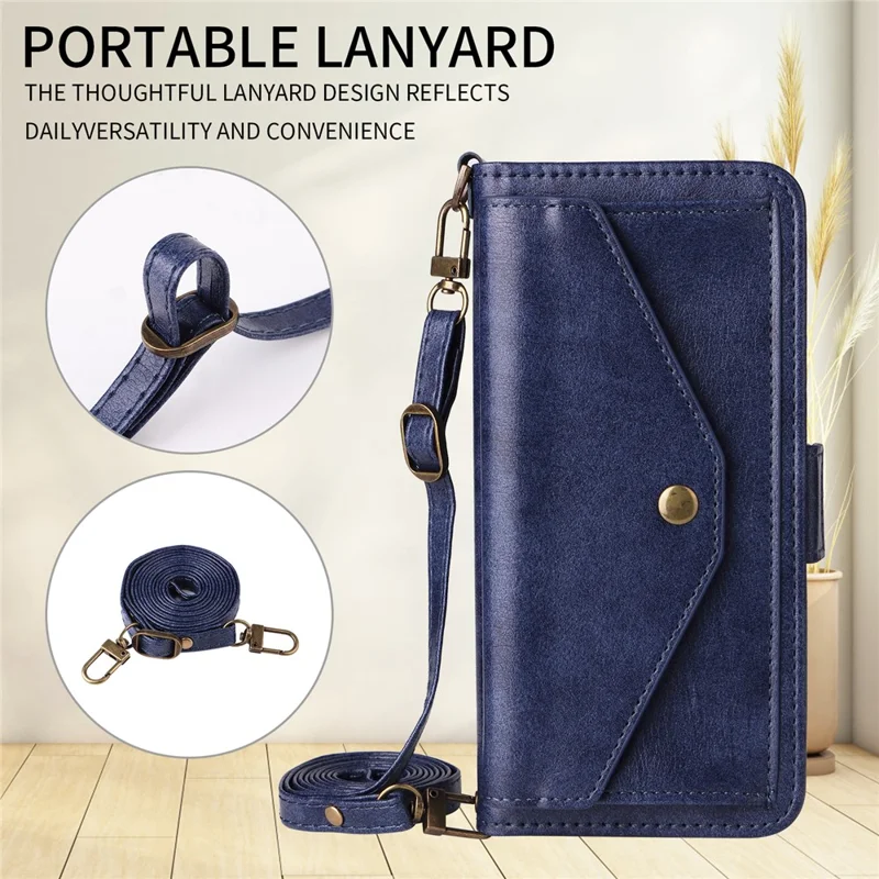 For iPhone 17e / 16e Leather Case Magnetic Closure Wallet Stand Phone Cover with Crossbody Strap - Blue