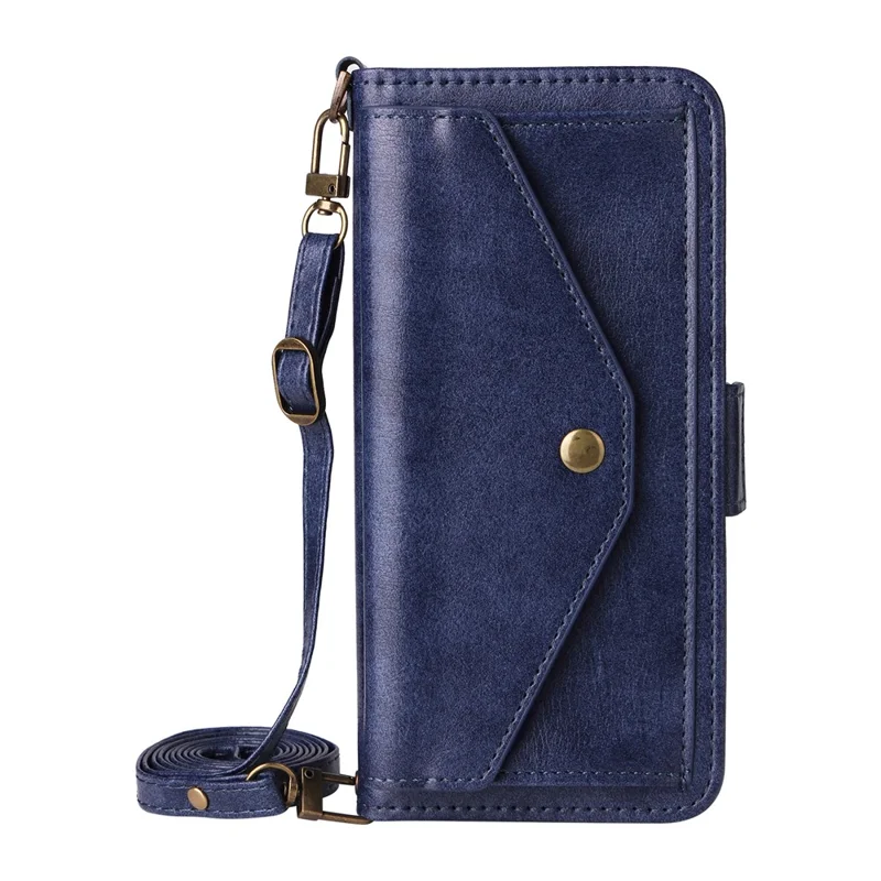 For iPhone 17e / 16e Leather Case Magnetic Closure Wallet Stand Phone Cover with Crossbody Strap - Blue
