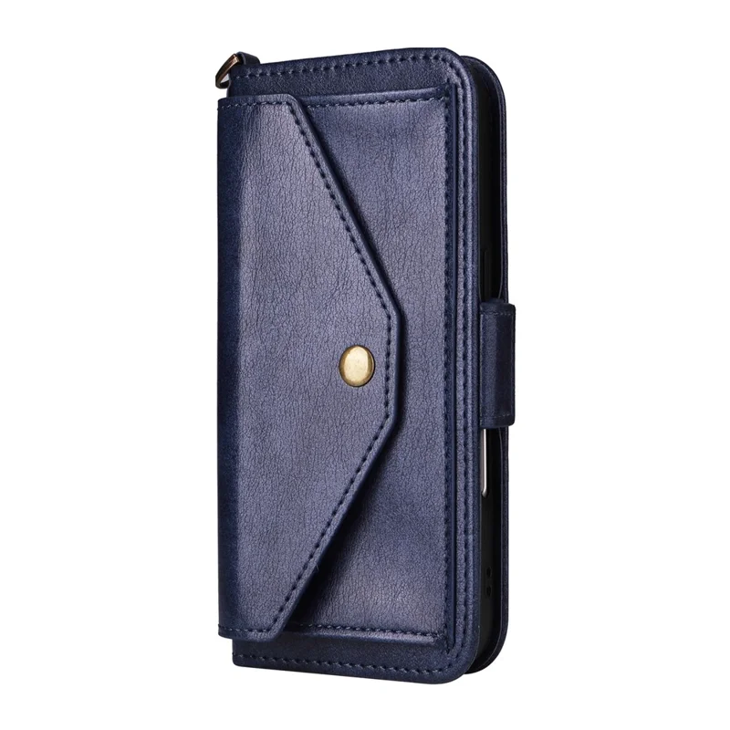 For iPhone 17e / 16e Leather Case Magnetic Closure Wallet Stand Phone Cover with Crossbody Strap - Blue