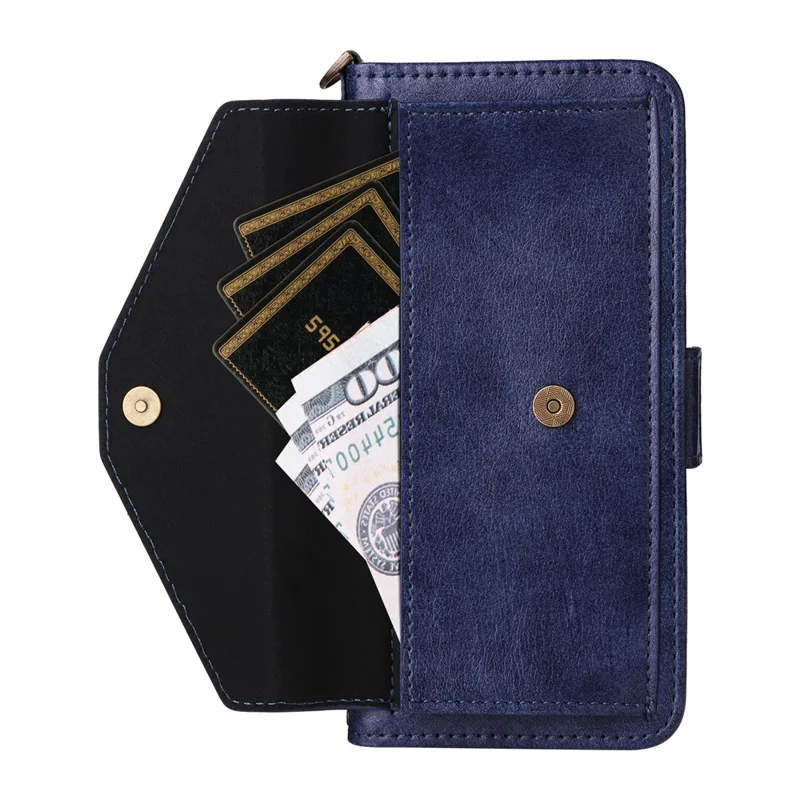 For iPhone 17e / 16e Leather Case Magnetic Closure Wallet Stand Phone Cover with Crossbody Strap - Blue