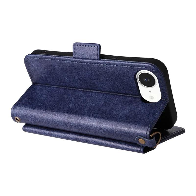 For iPhone 17e / 16e Leather Case Magnetic Closure Wallet Stand Phone Cover with Crossbody Strap - Blue