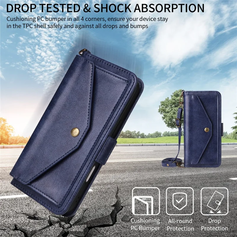 For iPhone 17e / 16e Leather Case Magnetic Closure Wallet Stand Phone Cover with Crossbody Strap - Blue