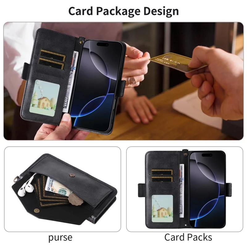 For iPhone 16 Leather Case Magnetic Closure Wallet Stand Phone Cover with Crossbody Strap - Black
