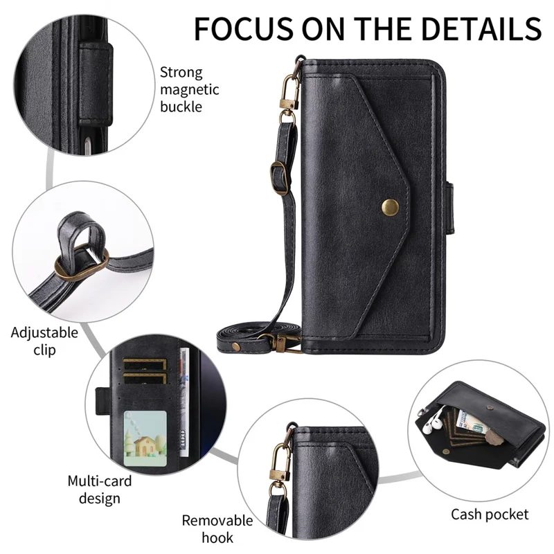 For iPhone 16 Leather Case Magnetic Closure Wallet Stand Phone Cover with Crossbody Strap - Black