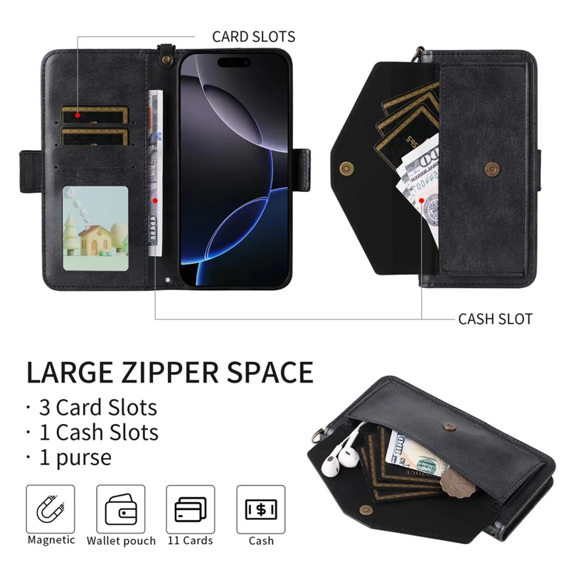 For iPhone 16 Leather Case Magnetic Closure Wallet Stand Phone Cover with Crossbody Strap - Black