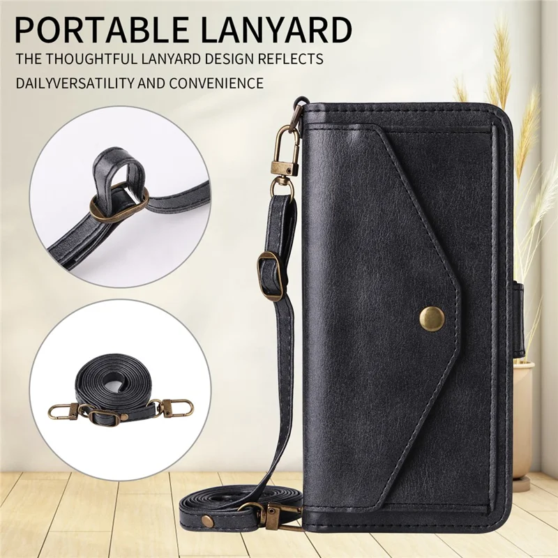 For iPhone 16 Leather Case Magnetic Closure Wallet Stand Phone Cover with Crossbody Strap - Black