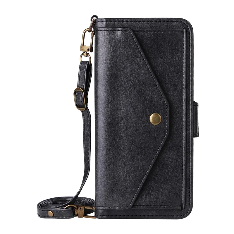 For iPhone 16 Leather Case Magnetic Closure Wallet Stand Phone Cover with Crossbody Strap - Black
