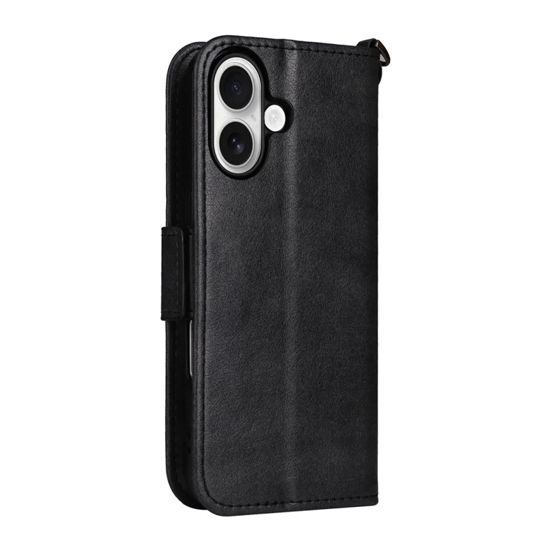 For iPhone 16 Leather Case Magnetic Closure Wallet Stand Phone Cover with Crossbody Strap - Black