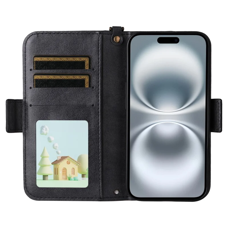 For iPhone 16 Leather Case Magnetic Closure Wallet Stand Phone Cover with Crossbody Strap - Black