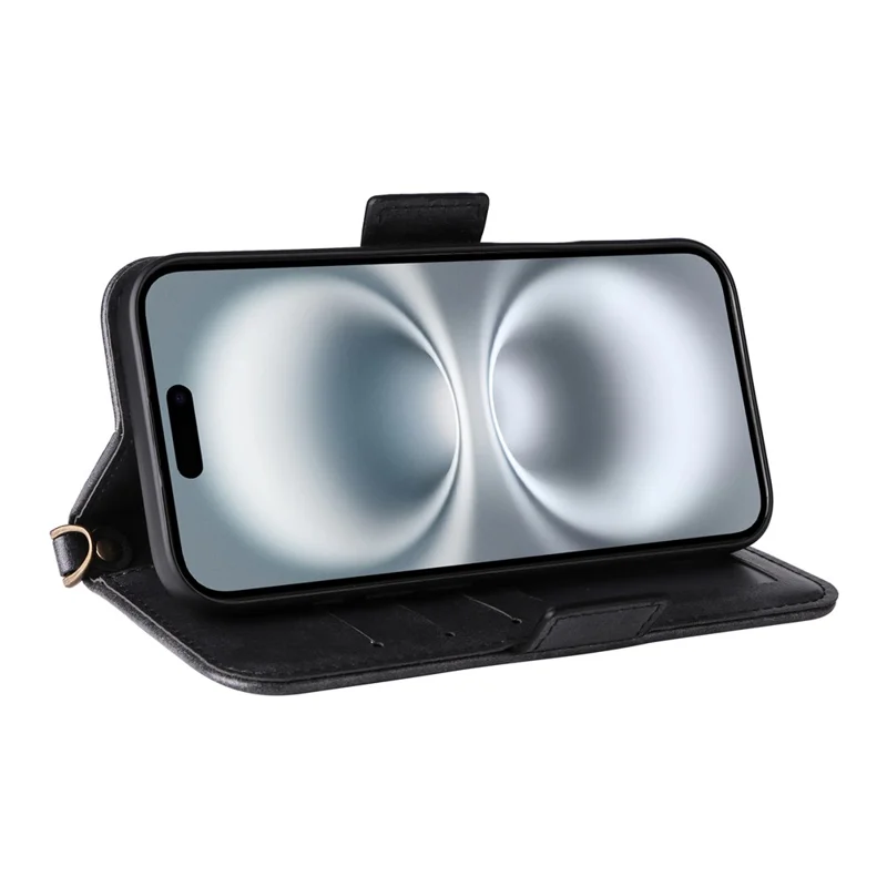 For iPhone 16 Leather Case Magnetic Closure Wallet Stand Phone Cover with Crossbody Strap - Black