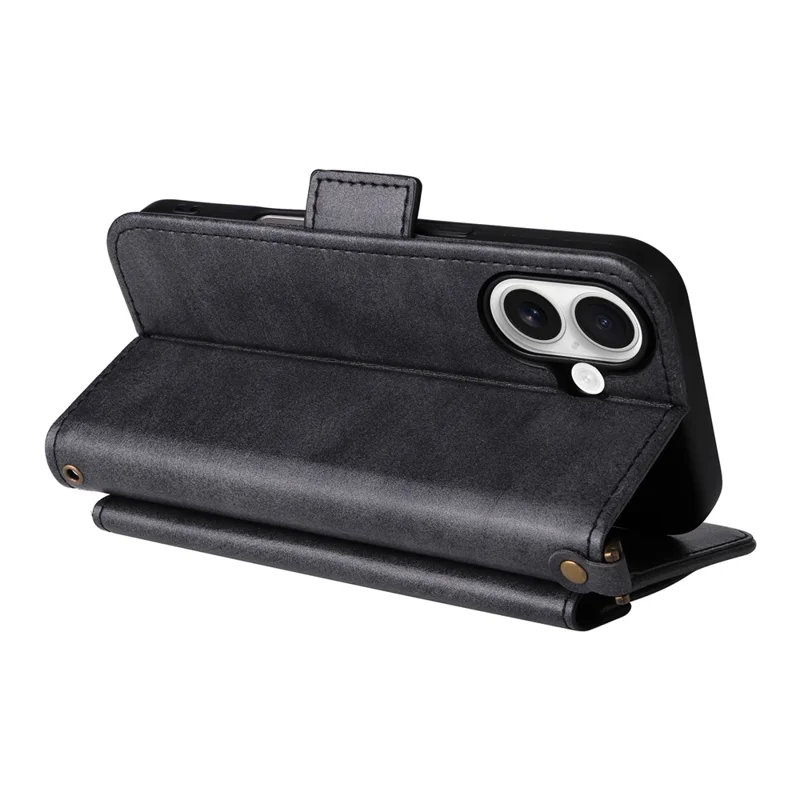 For iPhone 16 Leather Case Magnetic Closure Wallet Stand Phone Cover with Crossbody Strap - Black