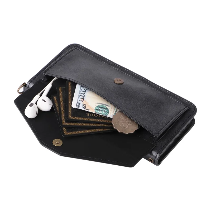 For iPhone 16 Leather Case Magnetic Closure Wallet Stand Phone Cover with Crossbody Strap - Black