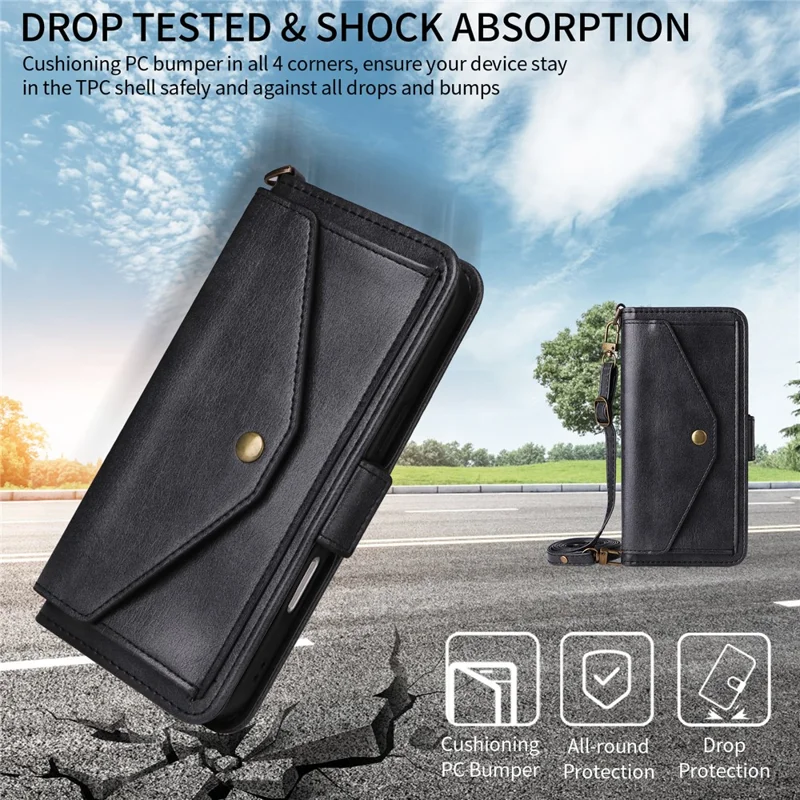 For iPhone 16 Leather Case Magnetic Closure Wallet Stand Phone Cover with Crossbody Strap - Black