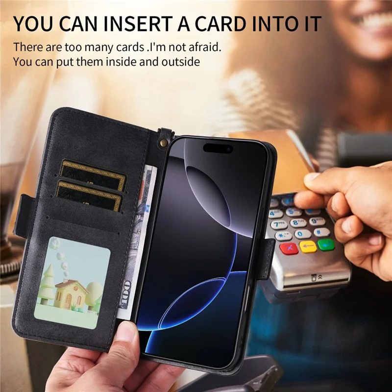 For iPhone 16 Leather Case Magnetic Closure Wallet Stand Phone Cover with Crossbody Strap - Black
