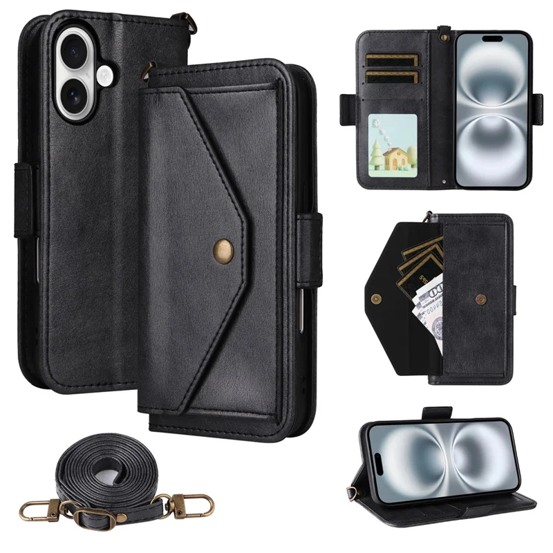 For iPhone 16 Plus Leather Case Magnetic Closure Wallet Stand Phone Cover with Crossbody Strap - Black