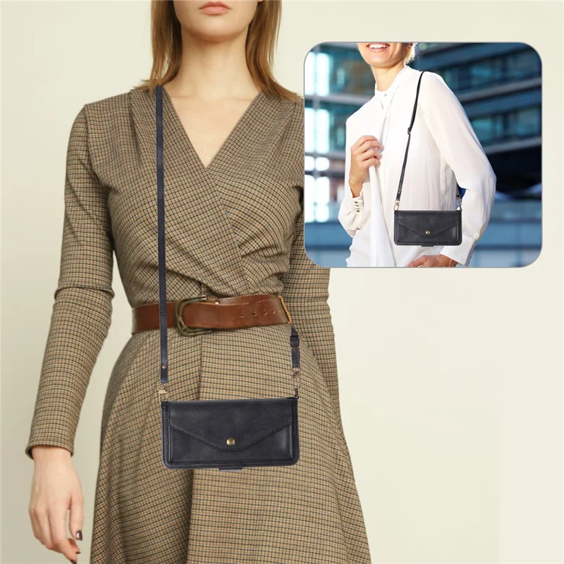 For iPhone 16 Plus Leather Case Magnetic Closure Wallet Stand Phone Cover with Crossbody Strap - Black