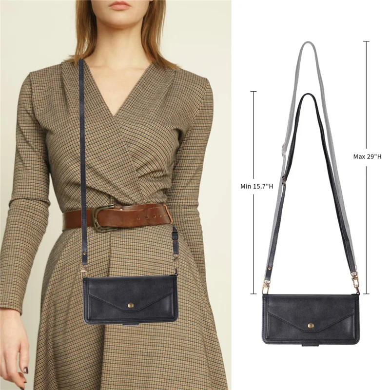 For iPhone 16 Plus Leather Case Magnetic Closure Wallet Stand Phone Cover with Crossbody Strap - Black