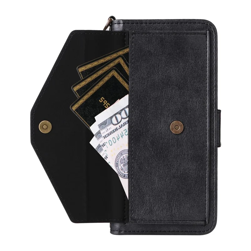 For iPhone 16 Plus Leather Case Magnetic Closure Wallet Stand Phone Cover with Crossbody Strap - Black