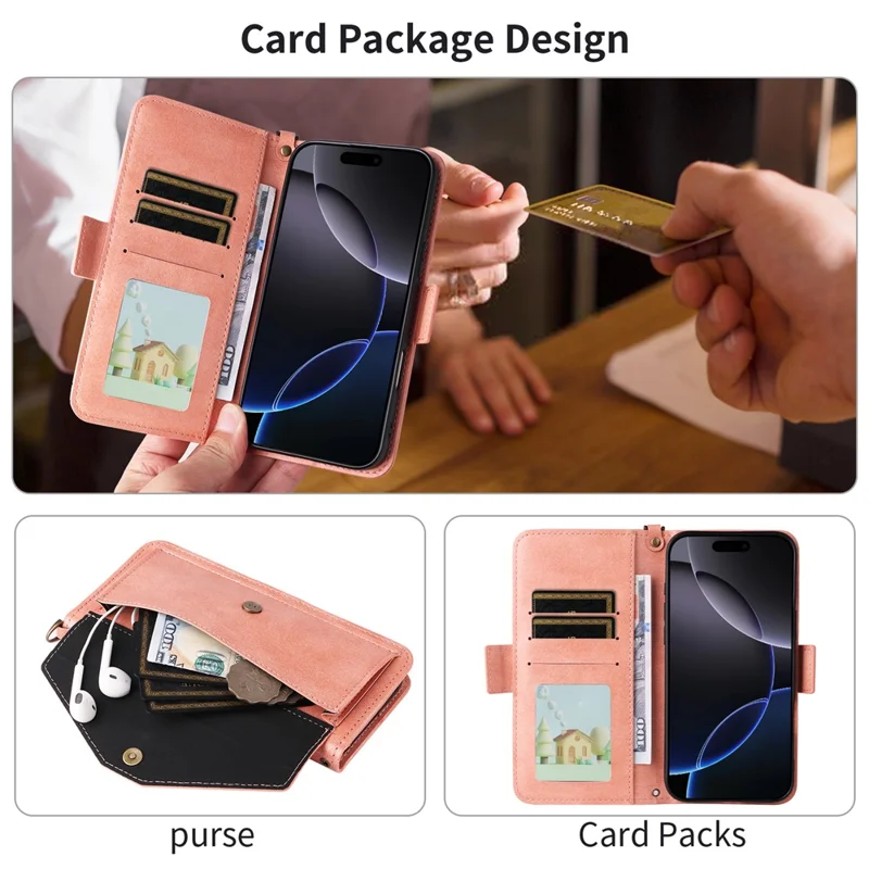 For iPhone 16 Plus Leather Case Magnetic Closure Wallet Stand Phone Cover with Crossbody Strap - Pink