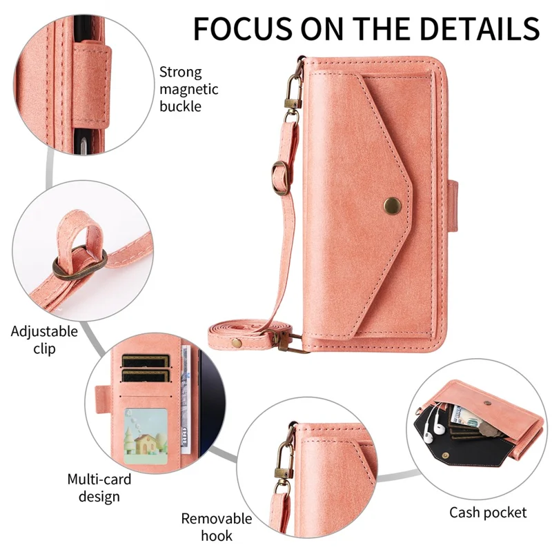 For iPhone 16 Plus Leather Case Magnetic Closure Wallet Stand Phone Cover with Crossbody Strap - Pink