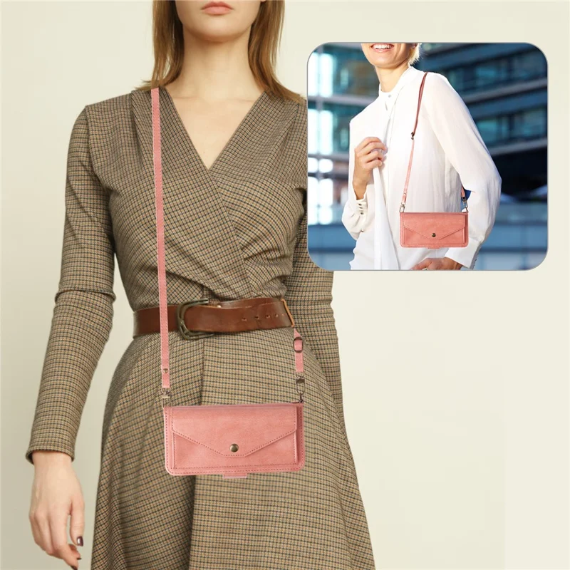 For iPhone 16 Plus Leather Case Magnetic Closure Wallet Stand Phone Cover with Crossbody Strap - Pink