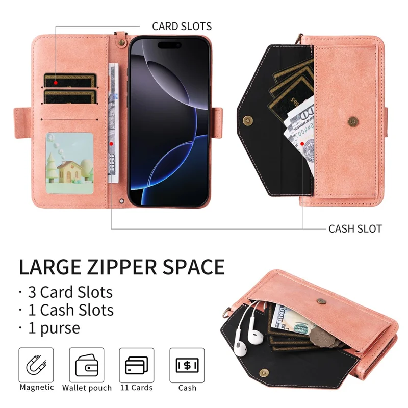 For iPhone 16 Plus Leather Case Magnetic Closure Wallet Stand Phone Cover with Crossbody Strap - Pink