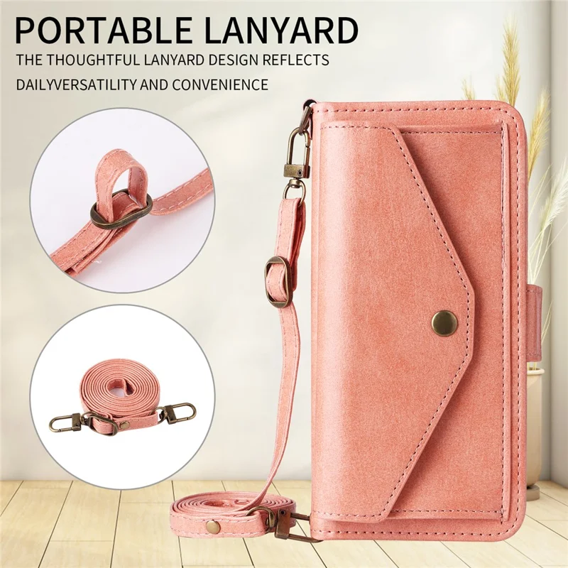 For iPhone 16 Plus Leather Case Magnetic Closure Wallet Stand Phone Cover with Crossbody Strap - Pink