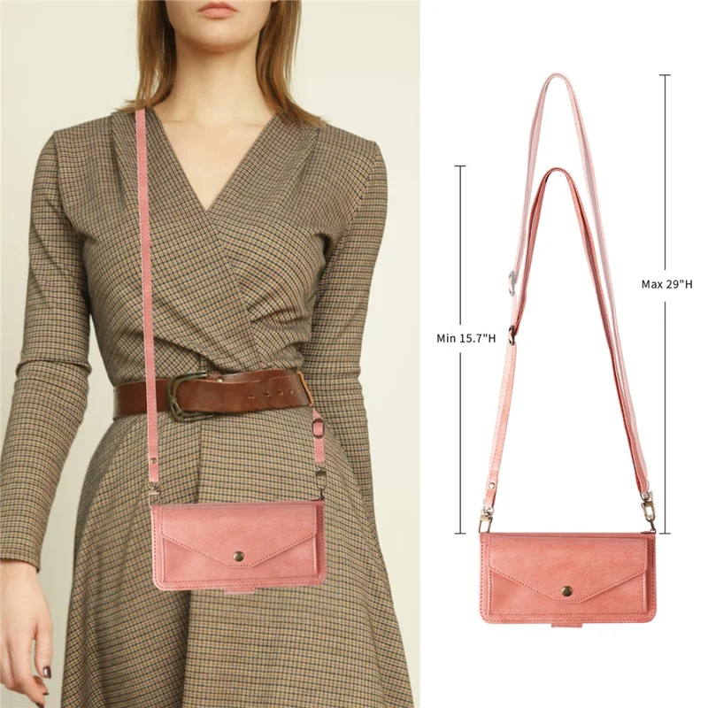 For iPhone 16 Plus Leather Case Magnetic Closure Wallet Stand Phone Cover with Crossbody Strap - Pink